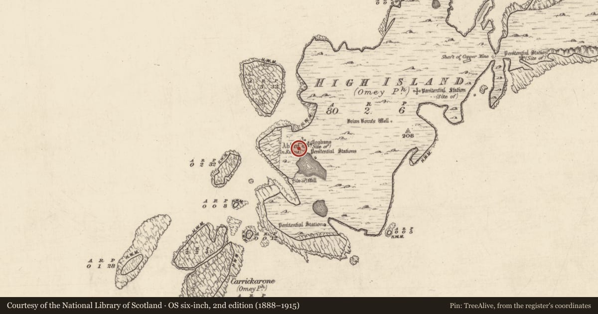 Ordnance Survey six-inch map, 2nd edition (1888–1915) covering the location of Cross-slab, High Island, County Galway, with a pin at the register's coordinates