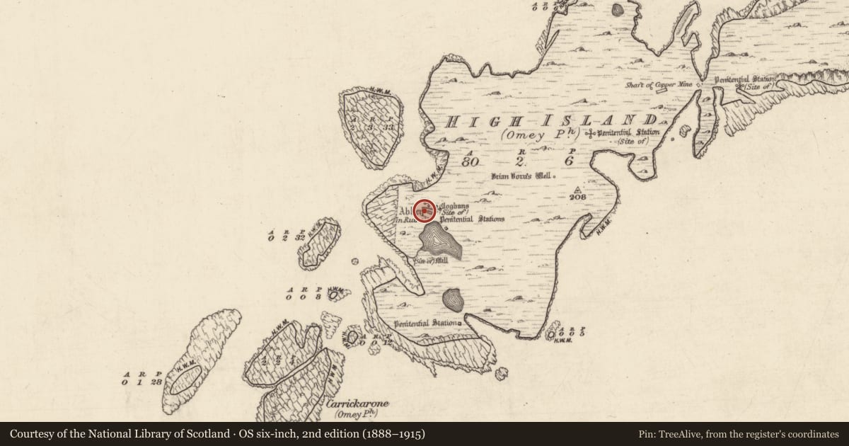 Ordnance Survey six-inch map, 2nd edition (1888–1915) covering the location of Cross-slab, High Island, County Galway, with a pin at the register's coordinates