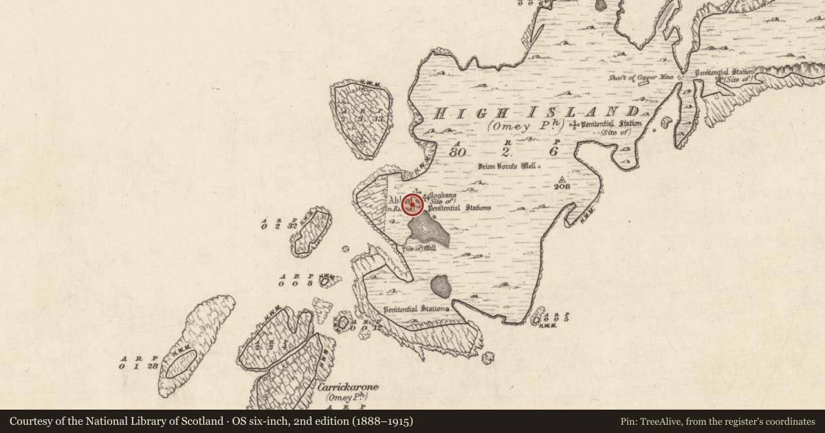 Ordnance Survey six-inch map, 2nd edition (1888–1915) covering the location of Cross-slab, High Island, County Galway, with a pin at the register's coordinates