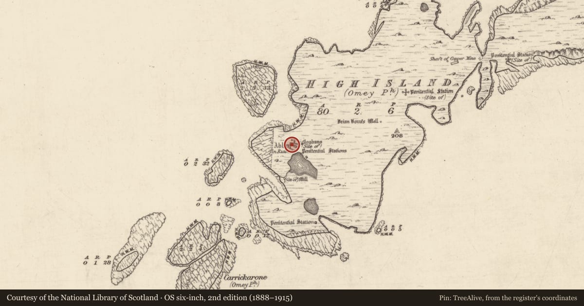 Ordnance Survey six-inch map, 2nd edition (1888–1915) covering the location of Cross, High Island, County Galway, with a pin at the register's coordinates
