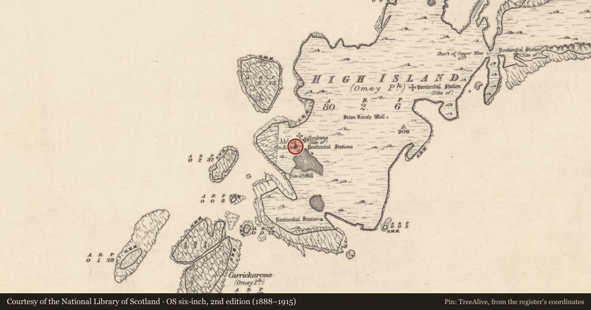 Ordnance Survey six-inch map, 2nd edition (1888–1915) covering the location of Leacht, High Island, County Galway, with a pin at the register's coordinates