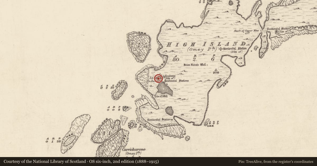 Ordnance Survey six-inch map, 2nd edition (1888–1915) covering the location of Building, High Island, County Galway, with a pin at the register's coordinates