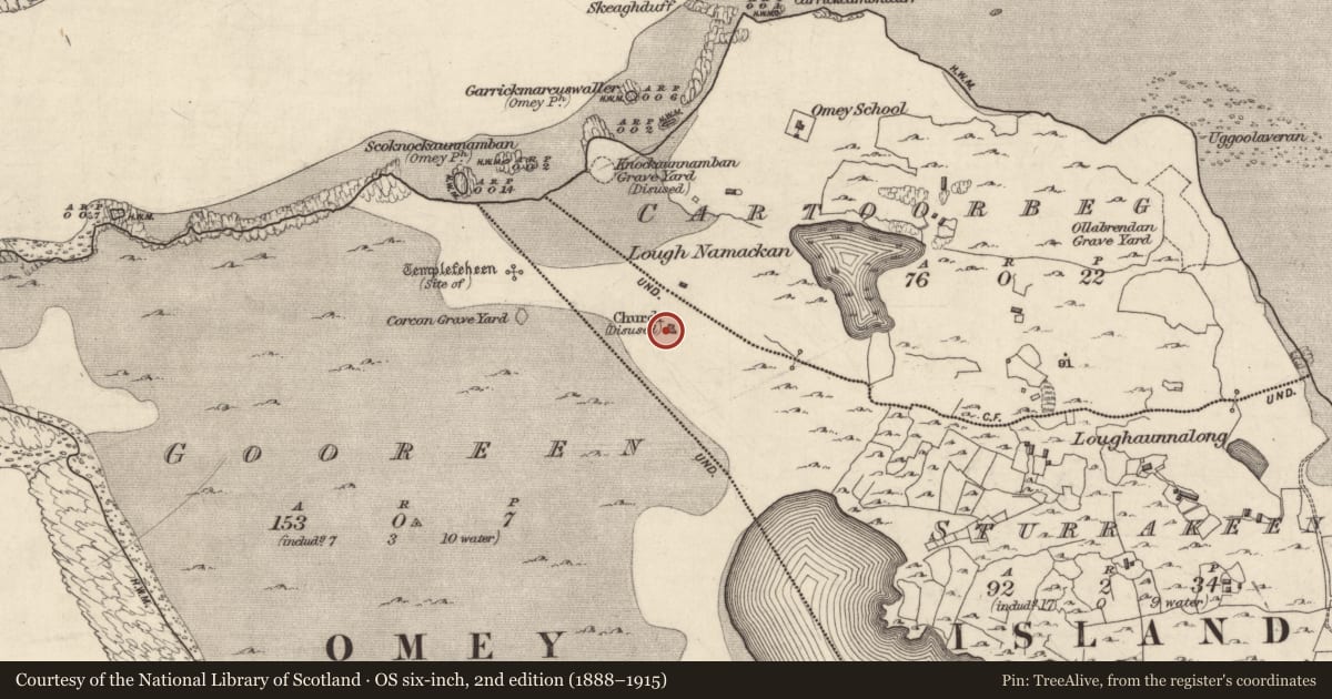 Ordnance Survey six-inch map, 2nd edition (1888–1915) covering the location of Church, Sturrakeen, County Galway, with a pin at the register's coordinates