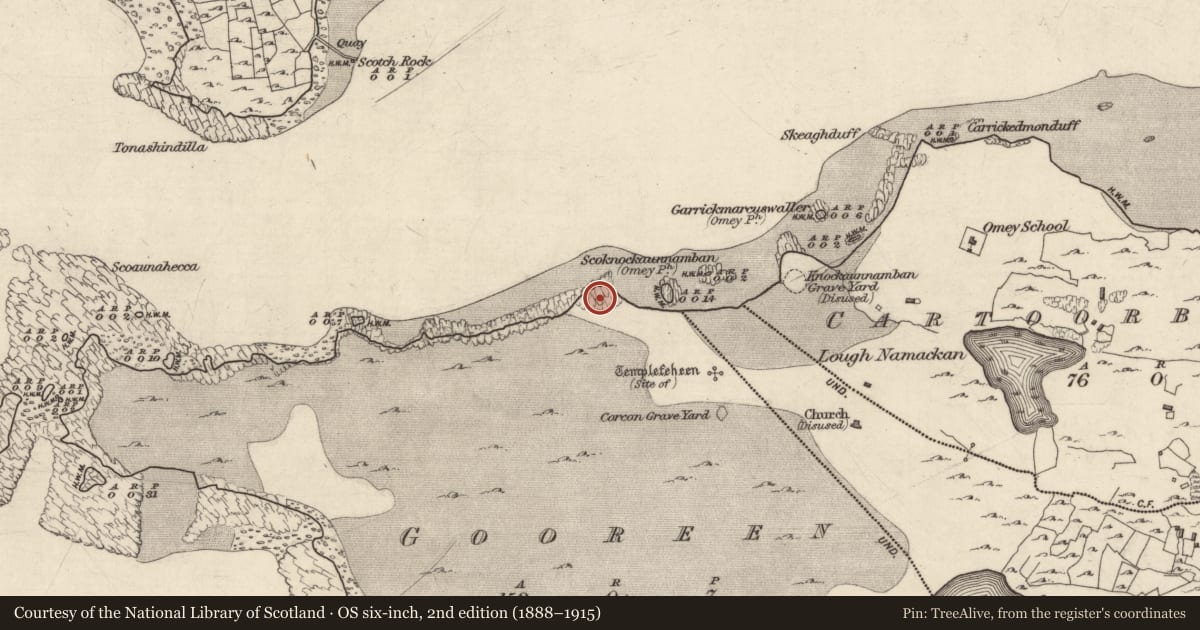 Ordnance Survey six-inch map, 2nd edition (1888–1915) covering the location of Burial, Gooreen, County Galway, with a pin at the register's coordinates