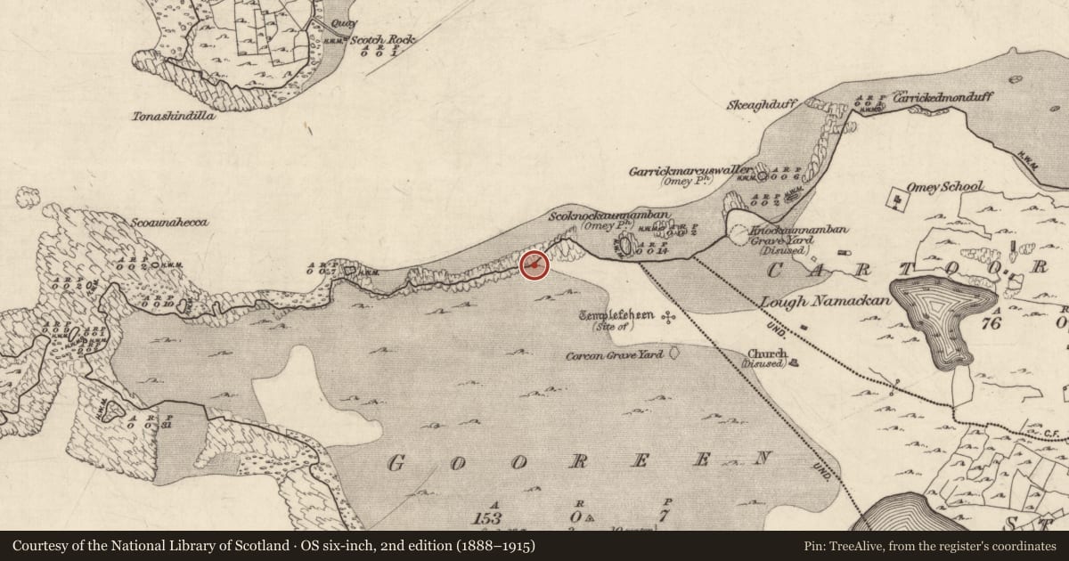Ordnance Survey six-inch map, 2nd edition (1888–1915) covering the location of Midden, Gooreen, County Galway, with a pin at the register's coordinates