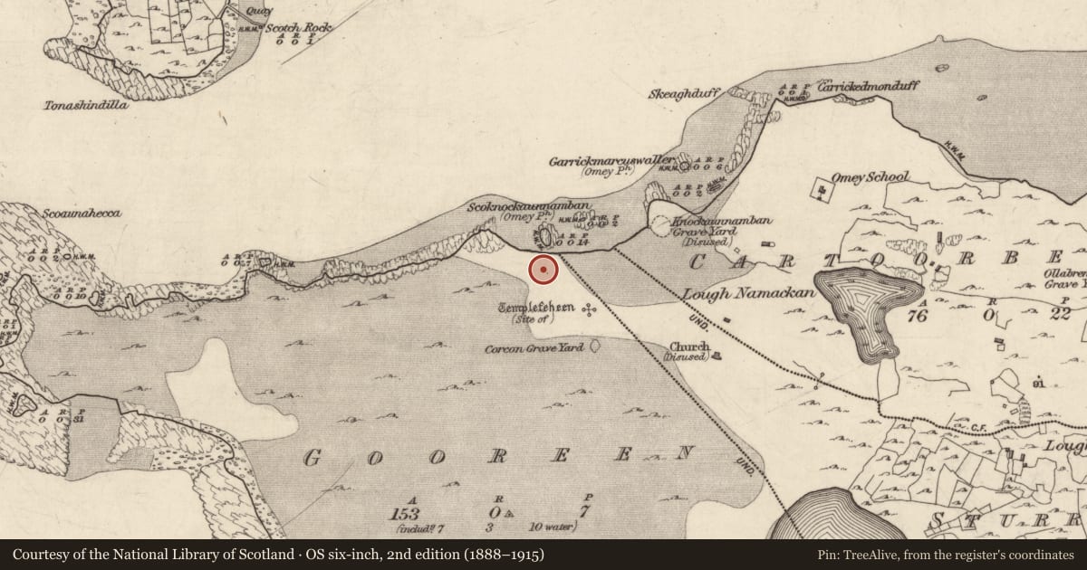 Ordnance Survey six-inch map, 2nd edition (1888–1915) covering the location of Midden, Gooreen, County Galway, with a pin at the register's coordinates