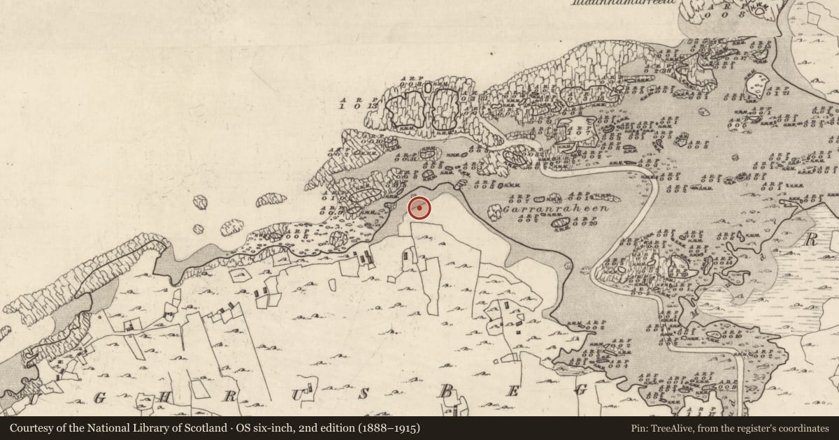 Ordnance Survey six-inch map, 2nd edition (1888–1915) covering the location of Midden, Aughrus Beg, County Galway, with a pin at the register's coordinates