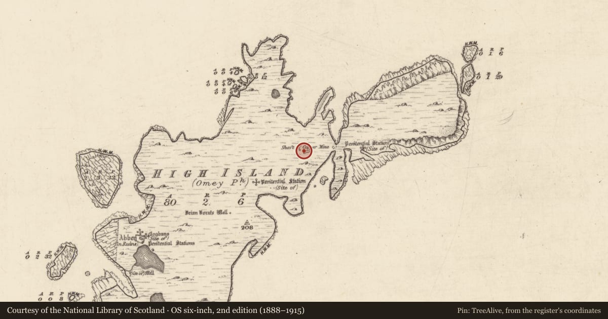 Ordnance Survey six-inch map, 2nd edition (1888–1915) covering the location of Cross (present location), High Island, County Galway, with a pin at the register's coordinates