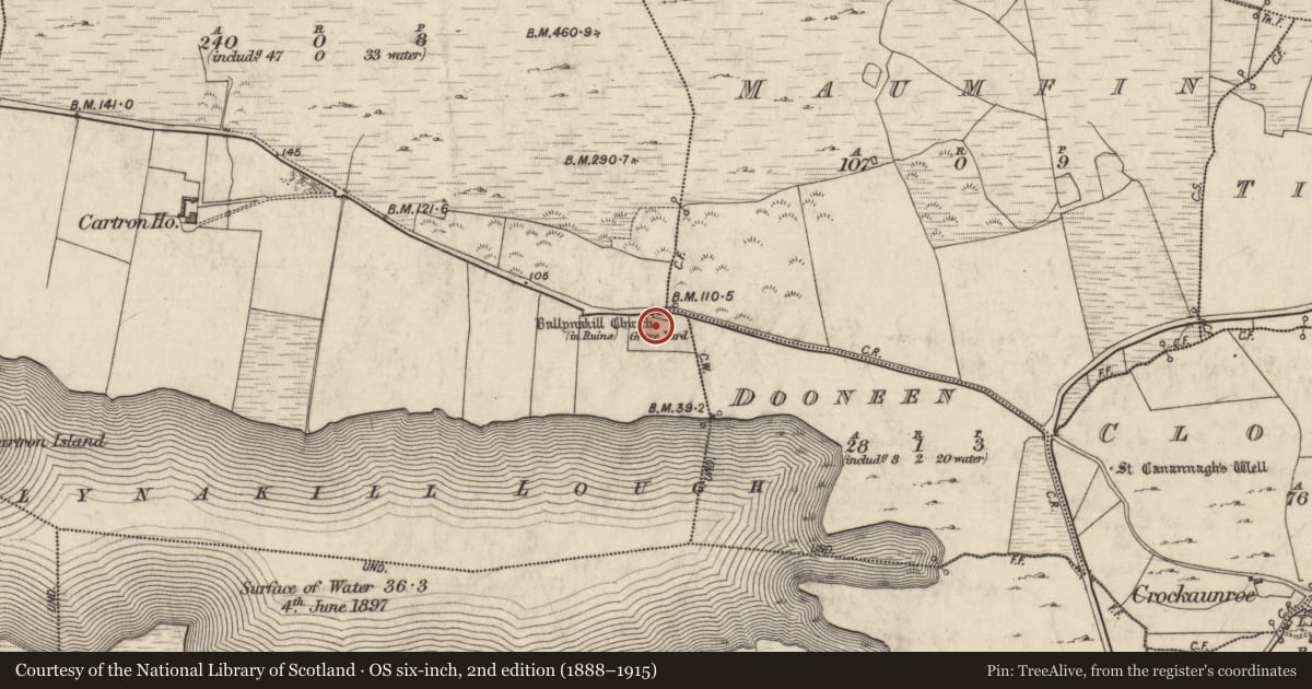 Ordnance Survey six-inch map, 2nd edition (1888–1915) covering the location of Church, Cartron, County Galway, with a pin at the register's coordinates