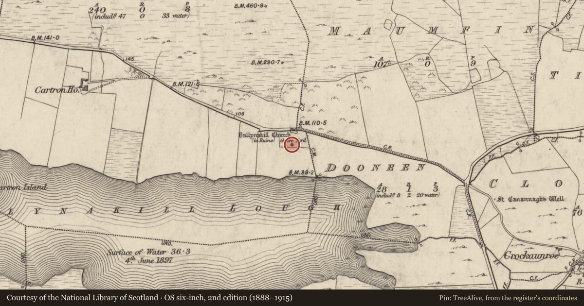Ordnance Survey six-inch map, 2nd edition (1888–1915) covering the location of Cross, Cartron, County Galway, with a pin at the register's coordinates