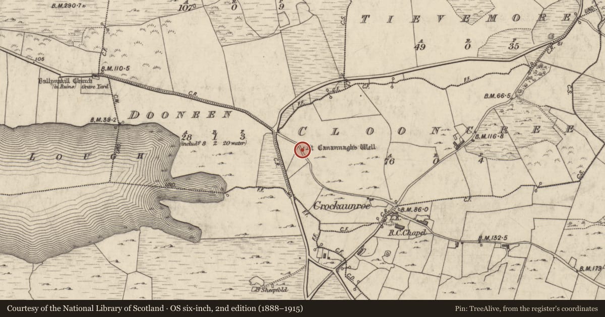 Ordnance Survey six-inch map, 2nd edition (1888–1915) covering the location of Ritual site - holy well, Clooncree, County Galway, with a pin at the register's coordinates