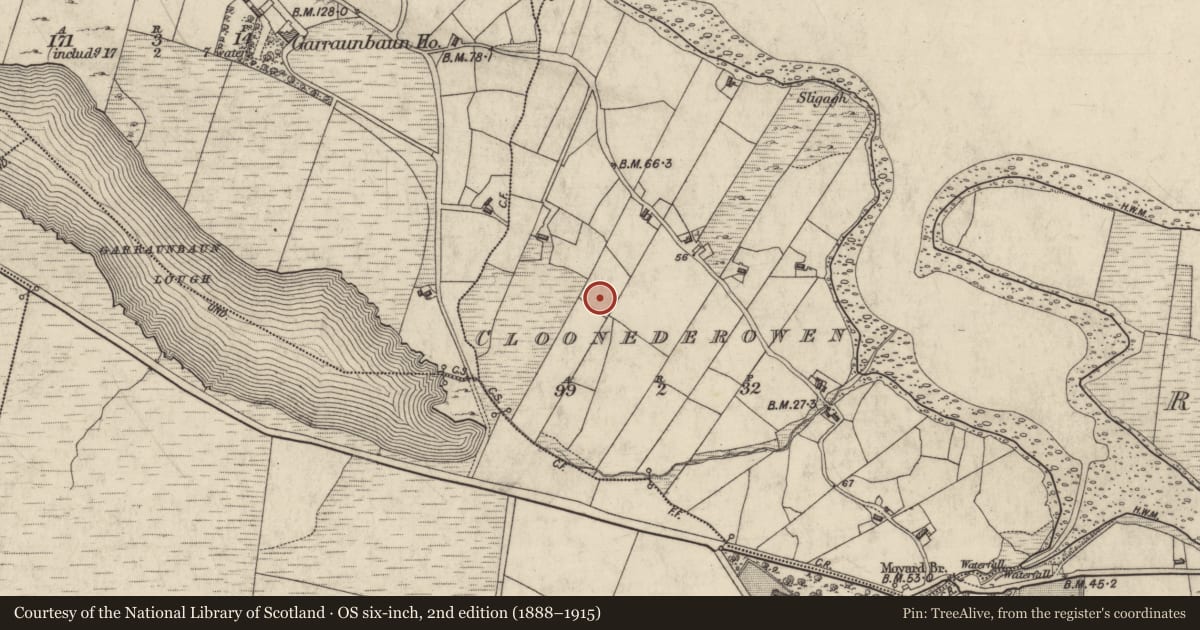Ordnance Survey six-inch map, 2nd edition (1888–1915) covering the location of Enclosure, Cloonederowen, County Galway, with a pin at the register's coordinates