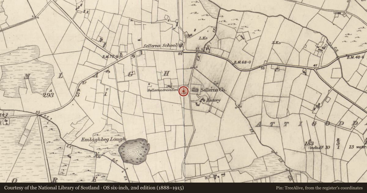 Ordnance Survey six-inch map, 2nd edition (1888–1915) covering the location of Graveyard, Emlagh, County Galway, with a pin at the register's coordinates