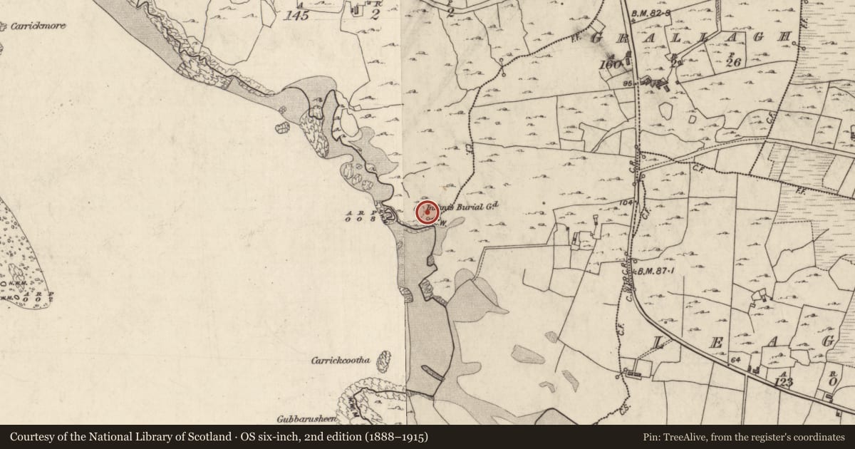 Ordnance Survey six-inch map, 2nd edition (1888–1915) covering the location of Children's burial ground, Fountainhill Or Knockavilra, County Galway, with a pin at the register's coordinates
