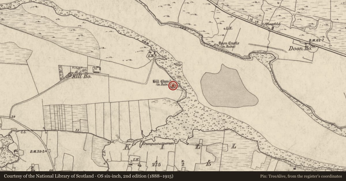 Ordnance Survey six-inch map, 2nd edition (1888–1915) covering the location of Church, Kill (Omey Par.), County Galway, with a pin at the register's coordinates