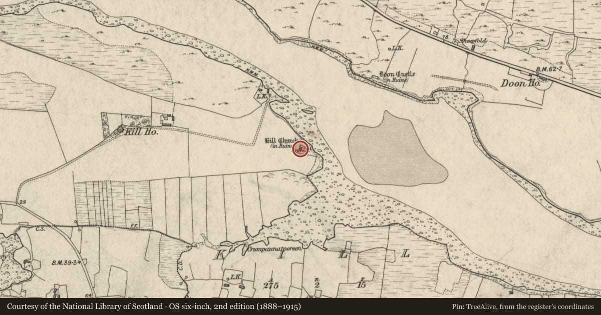 Ordnance Survey six-inch map, 2nd edition (1888–1915) covering the location of Cross-slab, Kill (Omey Par.), County Galway, with a pin at the register's coordinates