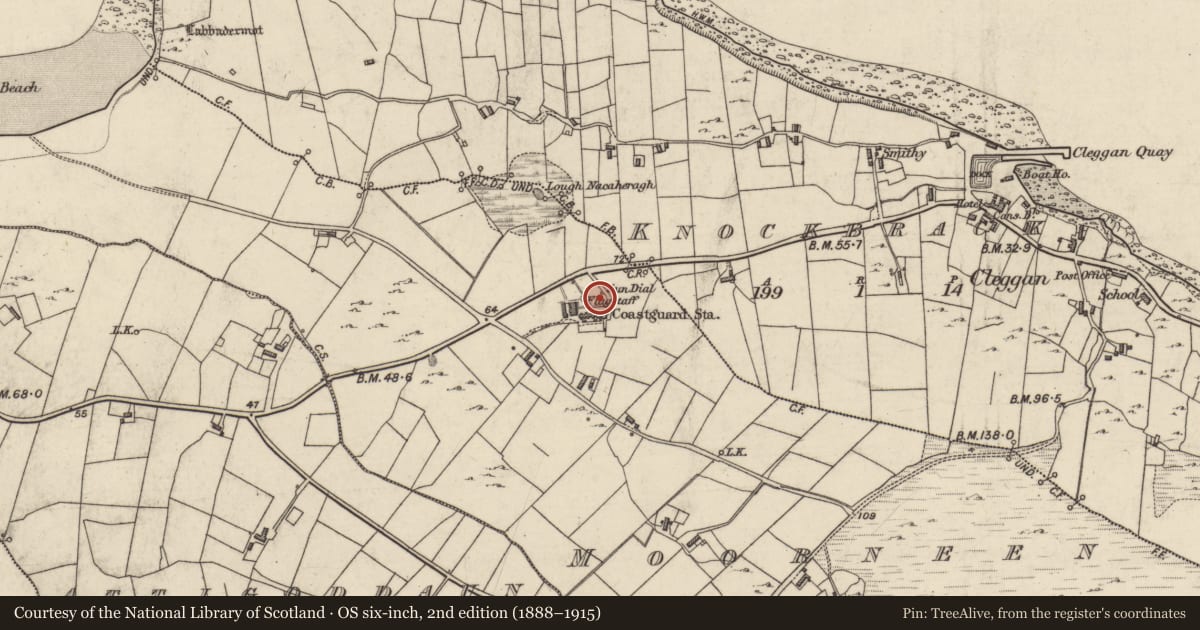 Ordnance Survey six-inch map, 2nd edition (1888–1915) covering the location of Sundial, Moorneen, County Galway, with a pin at the register's coordinates