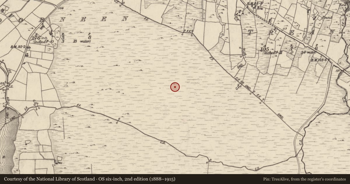 Ordnance Survey six-inch map, 2nd edition (1888–1915) covering the location of Field boundary, Moorneen, County Galway, with a pin at the register's coordinates