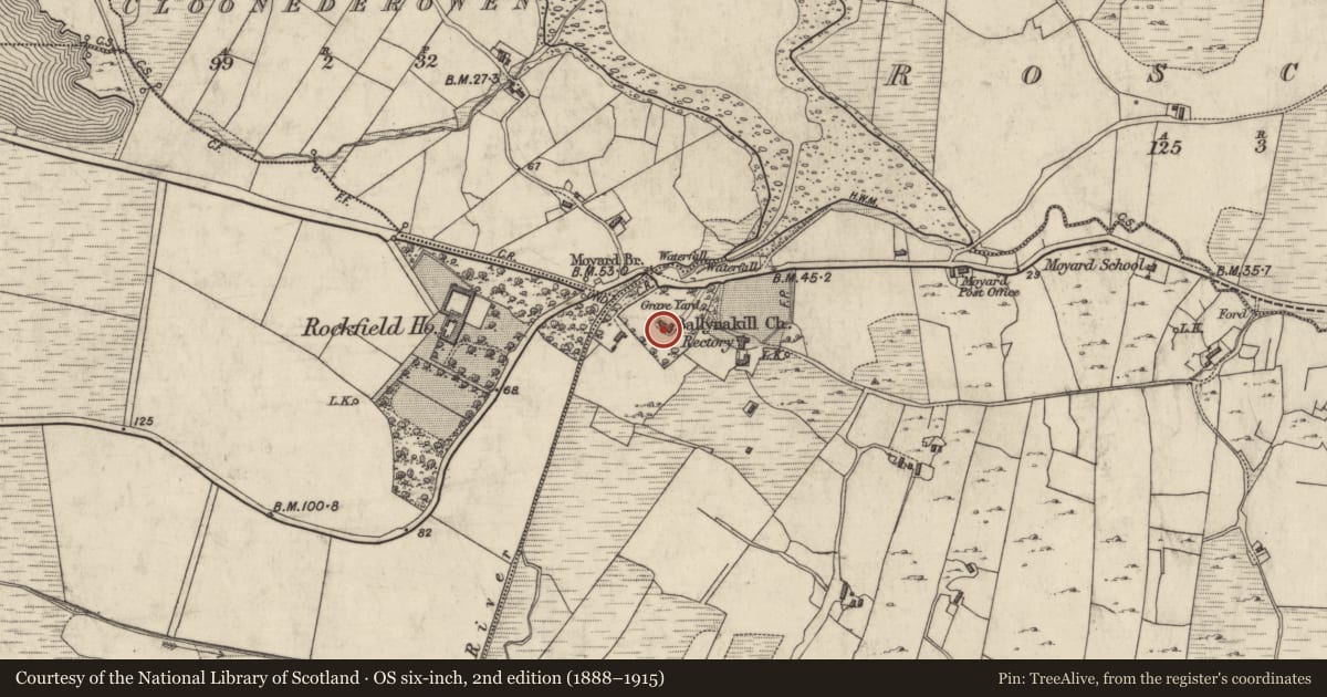 Ordnance Survey six-inch map, 2nd edition (1888–1915) covering the location of Church, Moyard, County Galway, with a pin at the register's coordinates