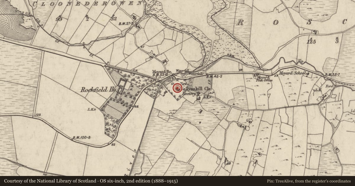 Ordnance Survey six-inch map, 2nd edition (1888–1915) covering the location of Graveyard, Moyard, County Galway, with a pin at the register's coordinates