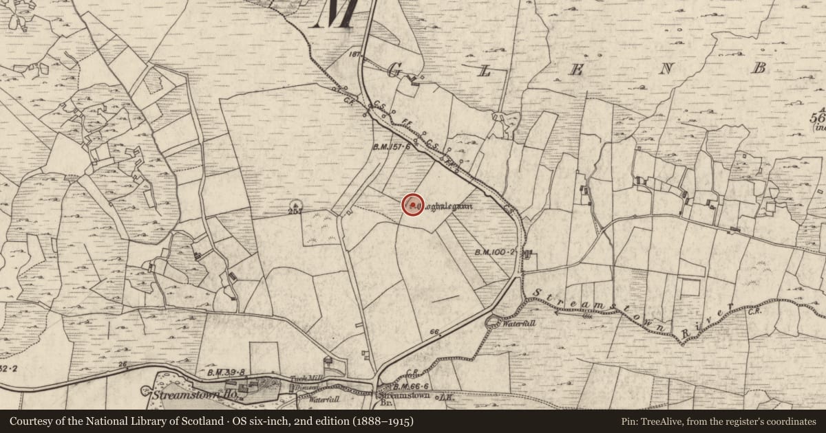 Ordnance Survey six-inch map, 2nd edition (1888–1915) covering the location of Stone circle, Streamstown Or Barratrough, County Galway, with a pin at the register's coordinates
