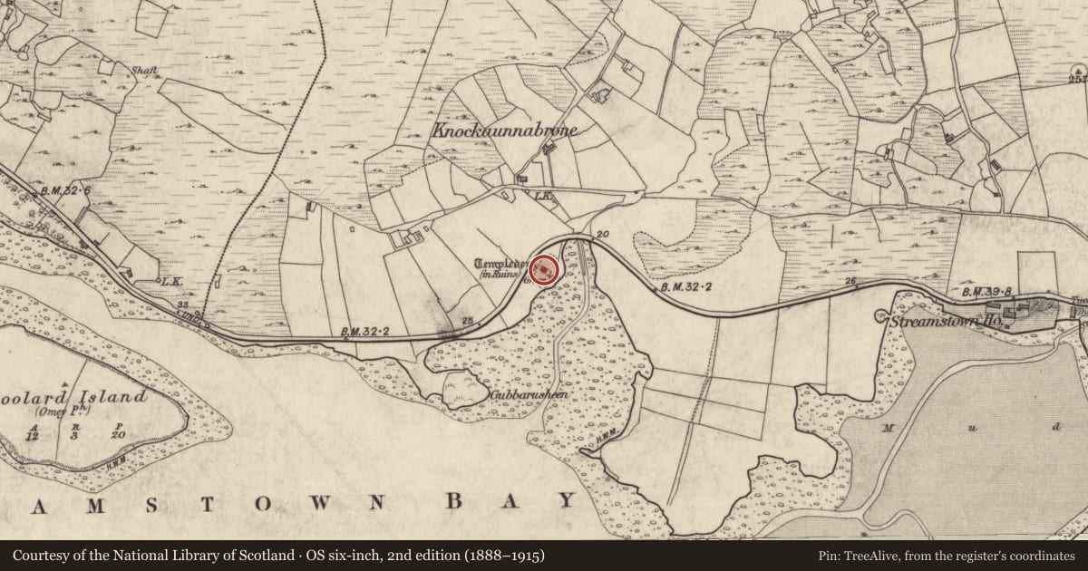 Ordnance Survey six-inch map, 2nd edition (1888–1915) covering the location of Church, Streamstown Or Barratrough, County Galway, with a pin at the register's coordinates