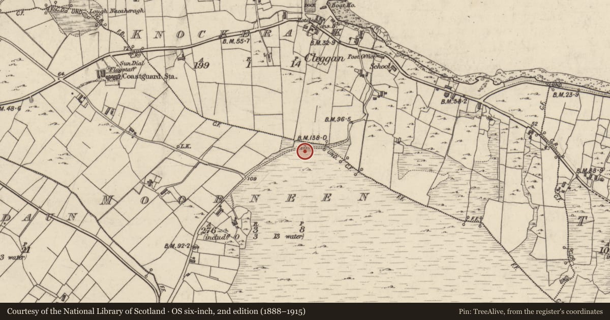 Ordnance Survey six-inch map, 2nd edition (1888–1915) covering the location of Cairn - unclassified, Moorneen, County Galway, with a pin at the register's coordinates