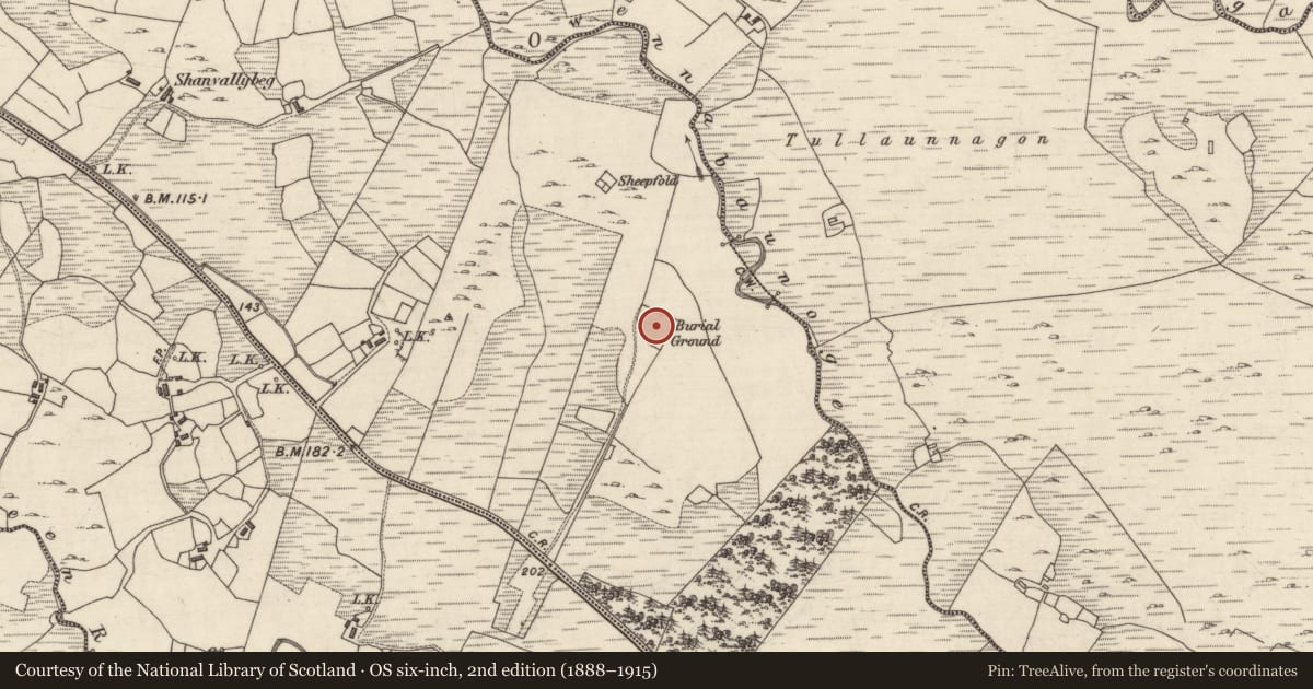 Ordnance Survey six-inch map, 2nd edition (1888–1915) covering the location of Graveyard, Baunoge, County Galway, with a pin at the register's coordinates