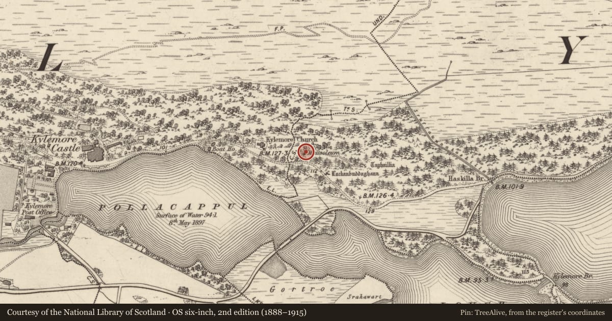 Ordnance Survey six-inch map, 2nd edition (1888–1915) covering the location of Mausoleum, Lemnaheltia, County Galway, with a pin at the register's coordinates