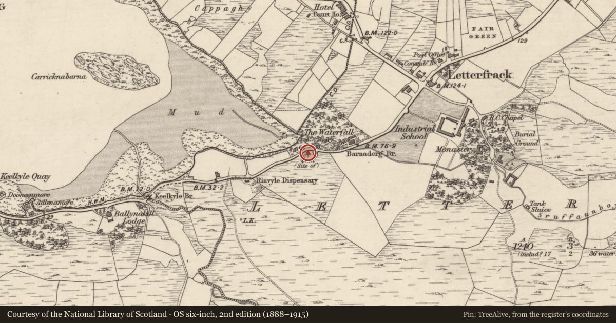 Ordnance Survey six-inch map, 2nd edition (1888–1915) covering the location of Cairn - wayside cairn, Letterfrack, County Galway, with a pin at the register's coordinates