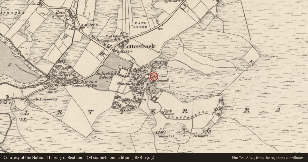 Ordnance Survey six-inch map, 2nd edition (1888–1915) covering the location of Burial ground, Letterfrack, County Galway, with a pin at the register's coordinates