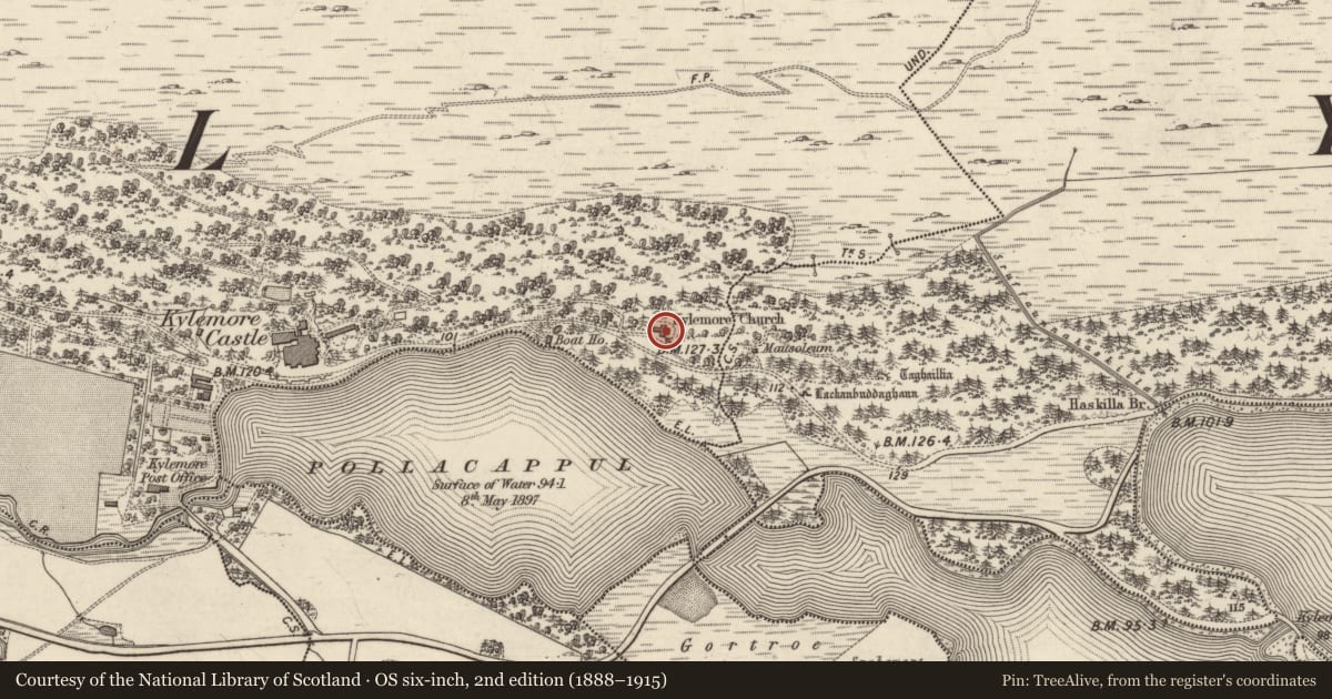Ordnance Survey six-inch map, 2nd edition (1888–1915) covering the location of Church, Pollacappul, County Galway, with a pin at the register's coordinates