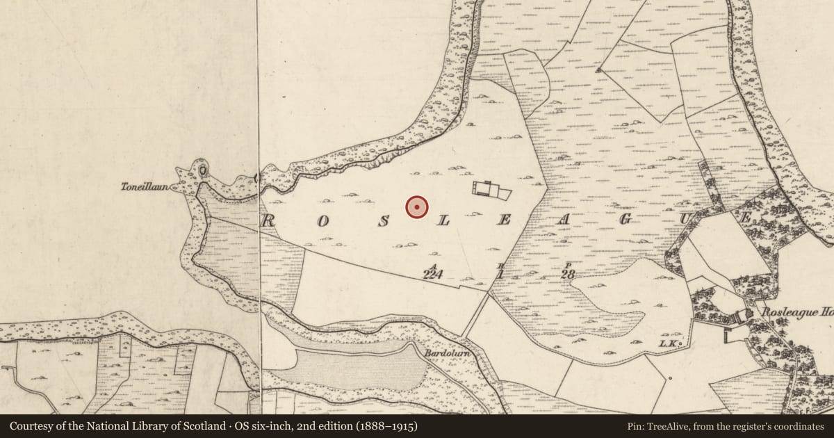 Ordnance Survey six-inch map, 2nd edition (1888–1915) covering the location of Children's burial ground, Rosleague, County Galway, with a pin at the register's coordinates