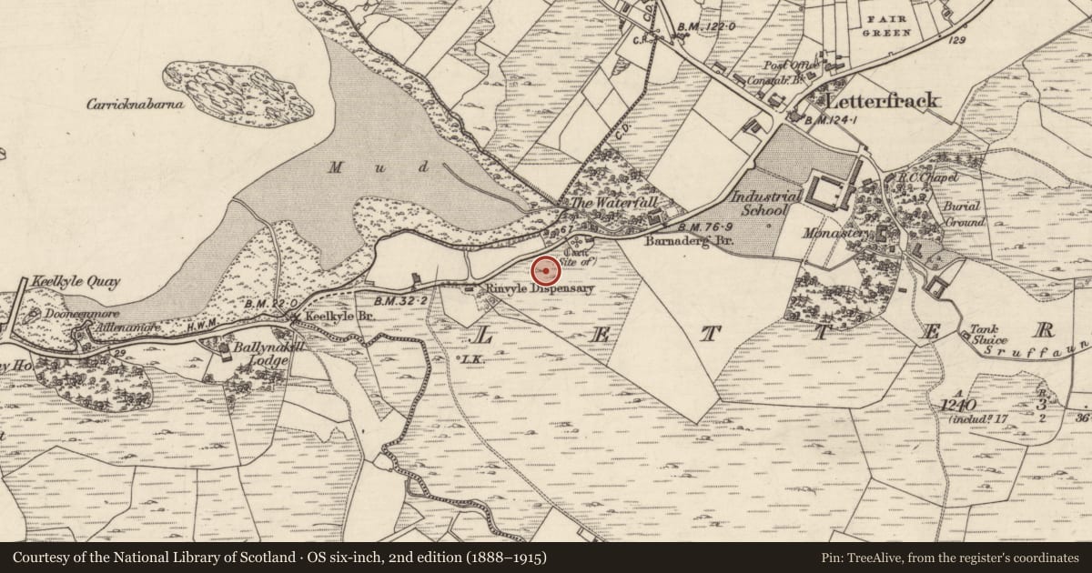 Ordnance Survey six-inch map, 2nd edition (1888–1915) covering the location of Cairn - unclassified, Letterfrack, County Galway, with a pin at the register's coordinates