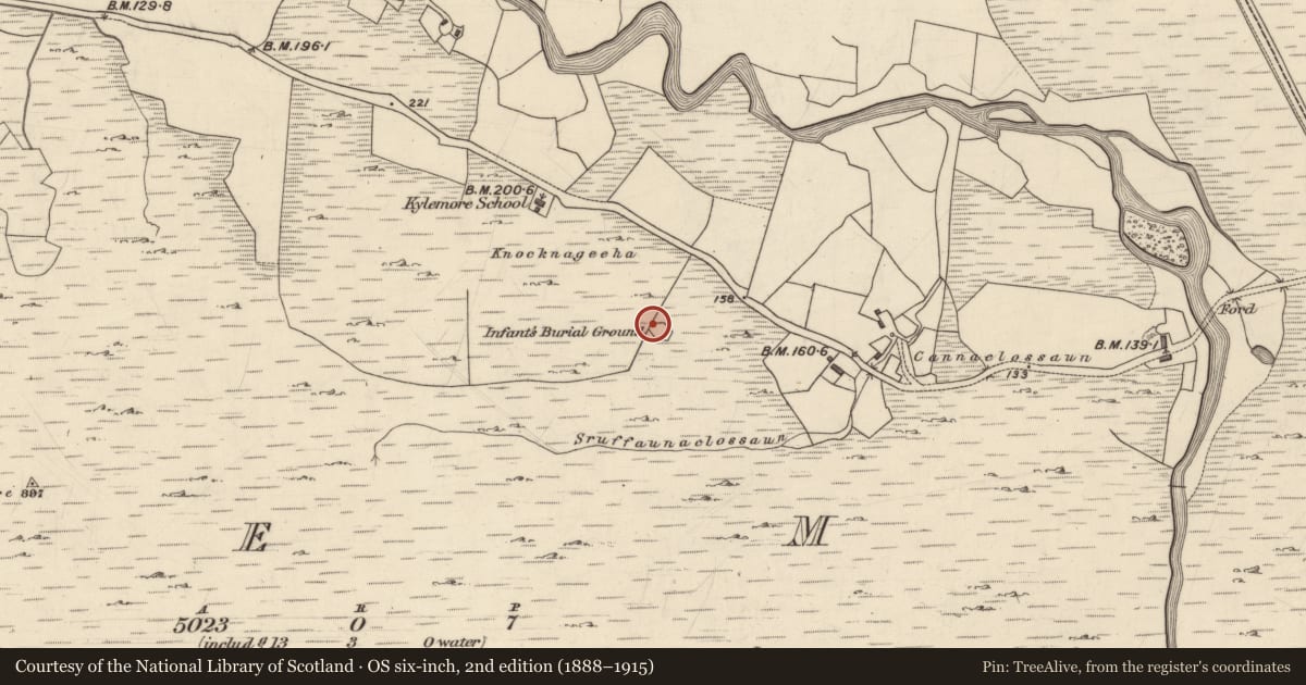Ordnance Survey six-inch map, 2nd edition (1888–1915) covering the location of Children's burial ground, Kylemore, County Galway, with a pin at the register's coordinates