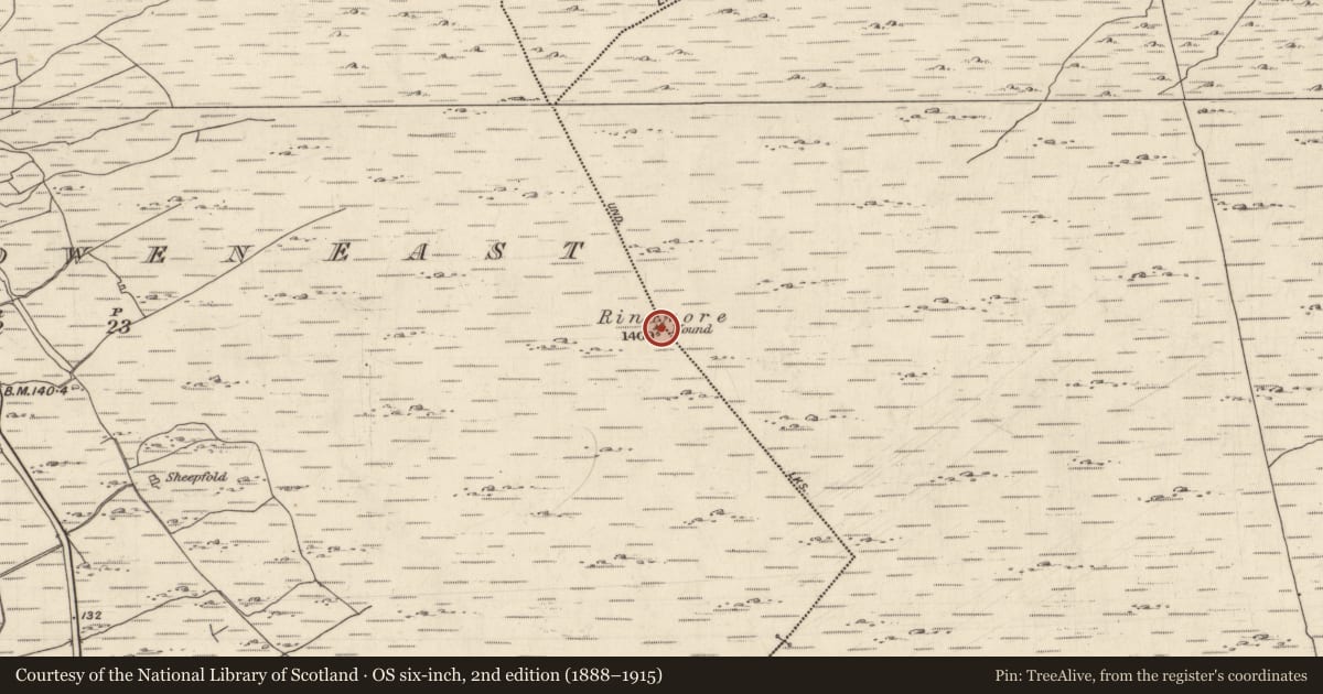 Ordnance Survey six-inch map, 2nd edition (1888–1915) covering the location of Boundary mound, Na Grigíneacha, County Galway, with a pin at the register's coordinates