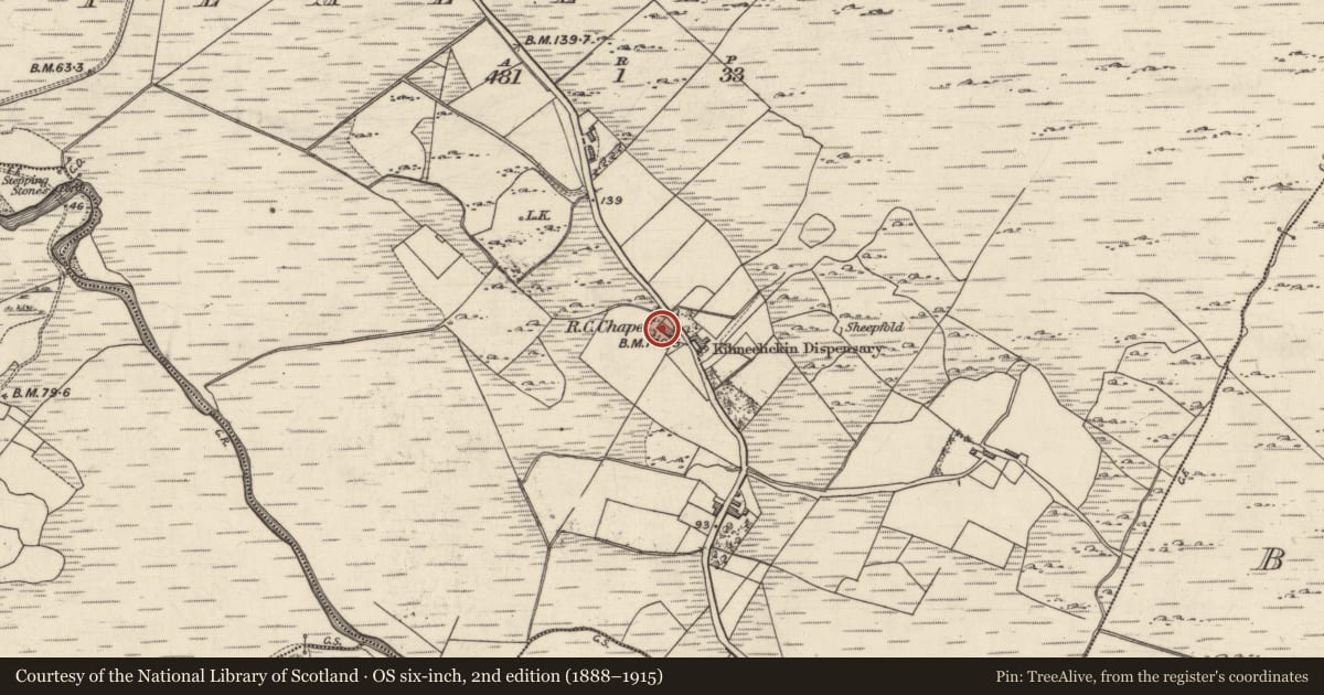 Ordnance Survey six-inch map, 2nd edition (1888–1915) covering the location of Chapel, Béal Átha Na Mbreac, County Galway, with a pin at the register's coordinates