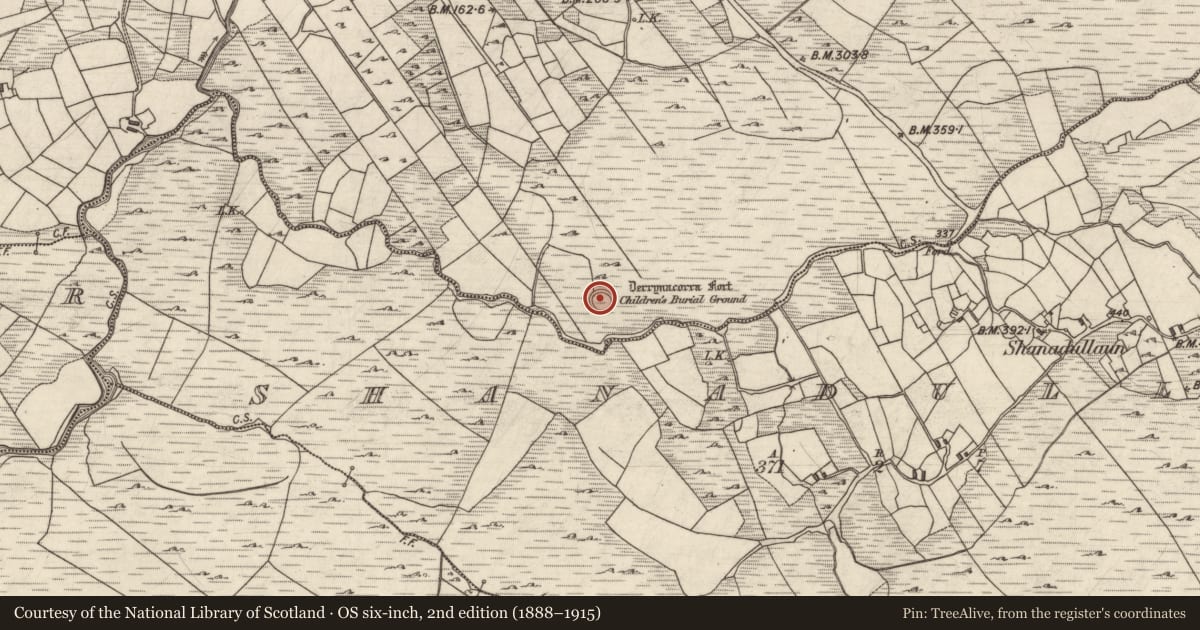 Ordnance Survey six-inch map, 2nd edition (1888–1915) covering the location of Children's burial ground, An Chloch Bhreac Íochtair, County Galway, with a pin at the register's coordinates