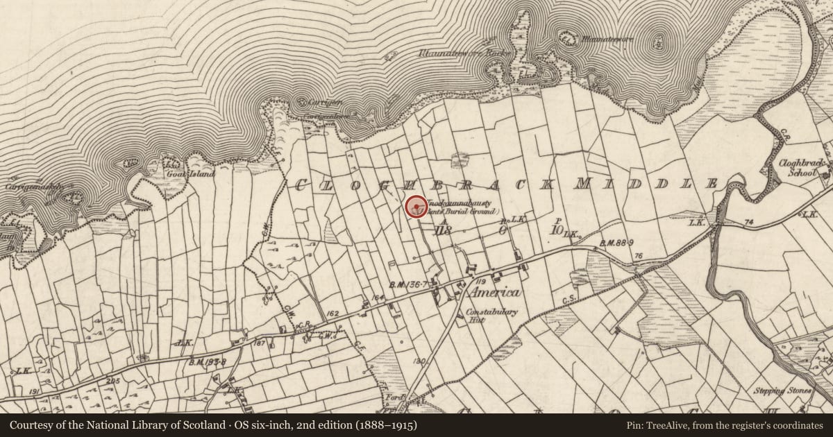 Ordnance Survey six-inch map, 2nd edition (1888–1915) covering the location of Children's burial ground, An Chloch Bhreac Láir, County Galway, with a pin at the register's coordinates