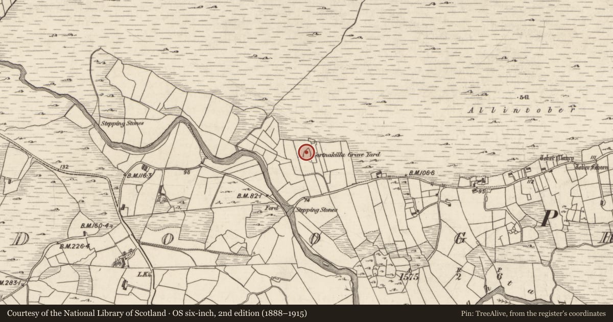 Ordnance Survey six-inch map, 2nd edition (1888–1915) covering the location of Graveyard, Dubhachta, County Galway, with a pin at the register's coordinates