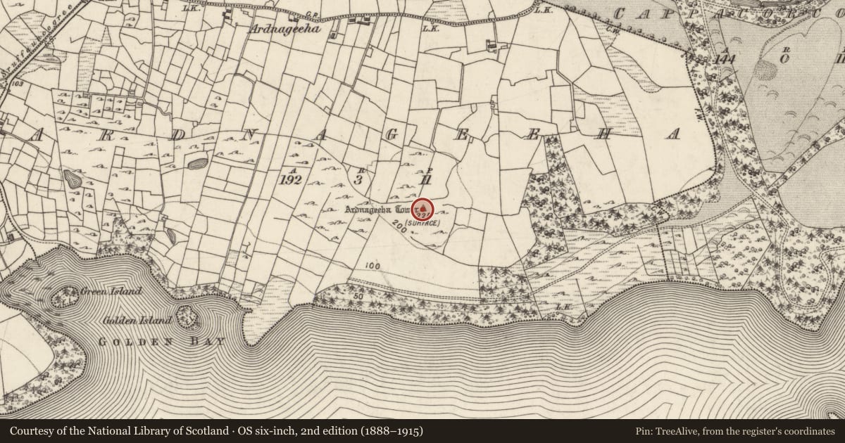 Ordnance Survey six-inch map, 2nd edition (1888–1915) covering the location of Designed landscape - folly, Ard Na Gaoithe, County Galway, with a pin at the register's coordinates