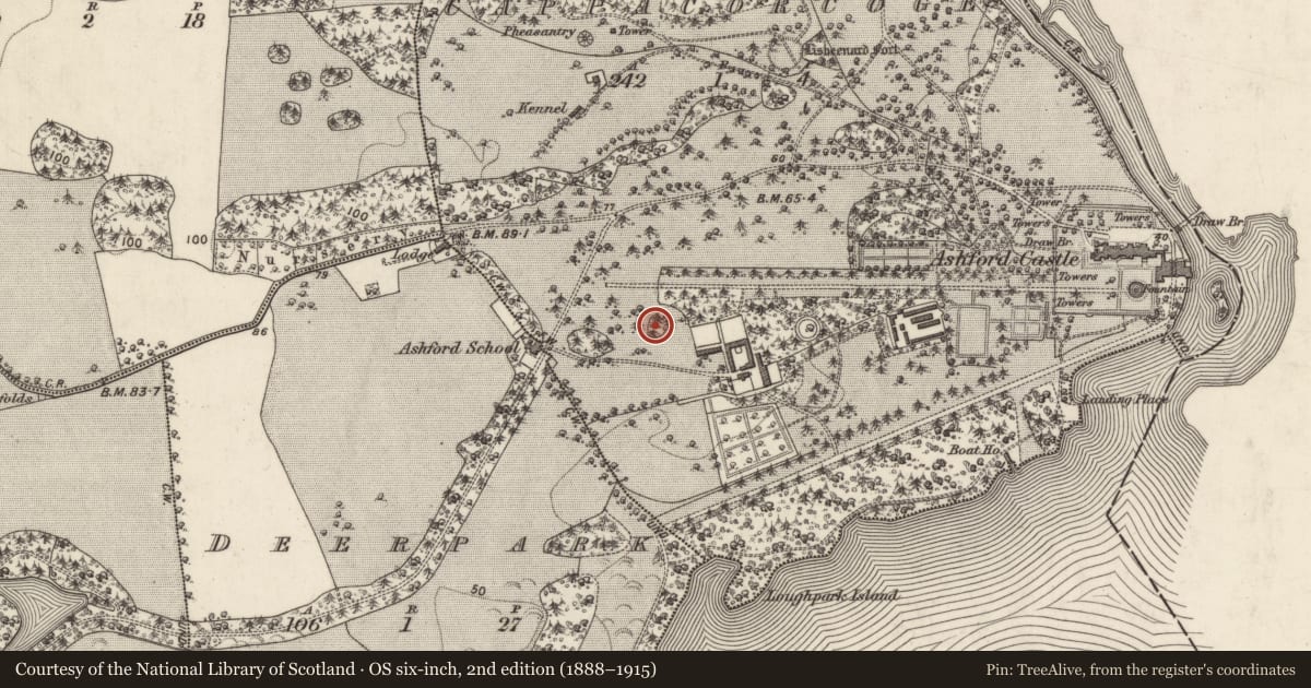 Ordnance Survey six-inch map, 2nd edition (1888–1915) covering the location of Designed landscape feature, Deerpark, County Galway, with a pin at the register's coordinates