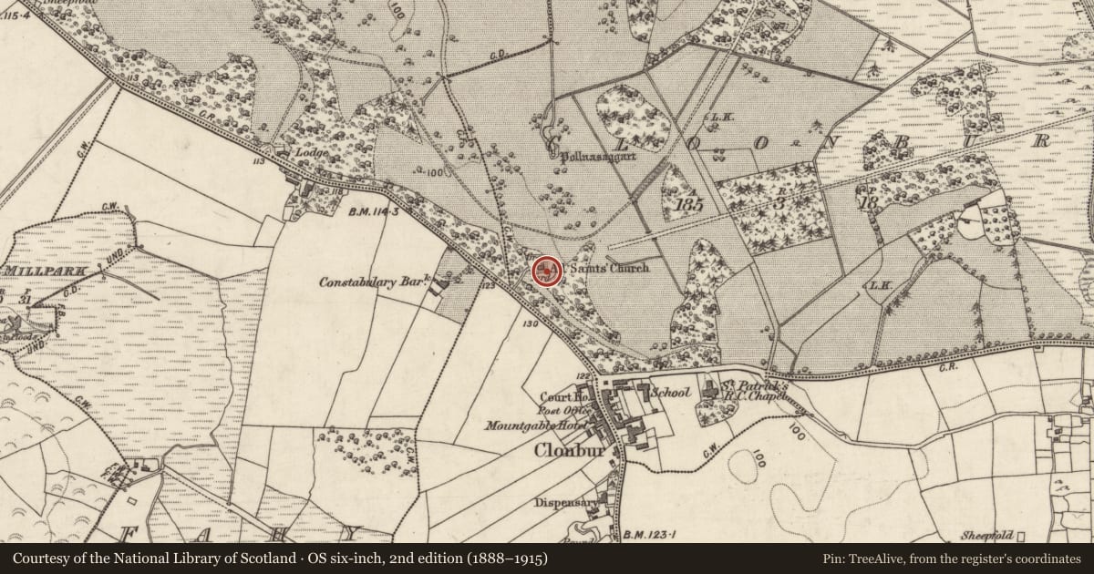 Ordnance Survey six-inch map, 2nd edition (1888–1915) covering the location of Church, An Fhairche, County Galway, with a pin at the register's coordinates