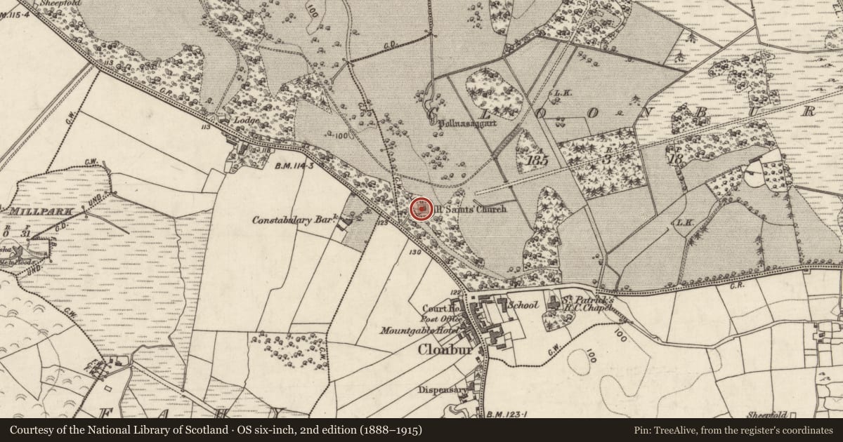 Ordnance Survey six-inch map, 2nd edition (1888–1915) covering the location of Graveyard, An Fhairche, County Galway, with a pin at the register's coordinates