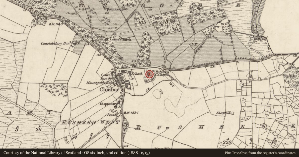 Ordnance Survey six-inch map, 2nd edition (1888–1915) covering the location of Inscribed slab (present location), An Fhairche, County Galway, with a pin at the register's coordinates