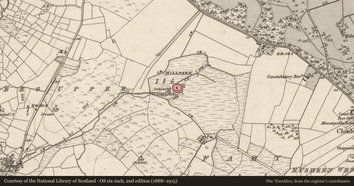 Ordnance Survey six-inch map, 2nd edition (1888–1915) covering the location of Moated site, Fahy, Páirc An Mhuilinn, County Galway, with a pin at the register's coordinates