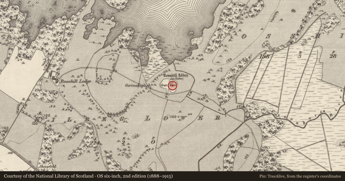 Ordnance Survey six-inch map, 2nd edition (1888–1915) covering the location of Inscribed slab, An Choill Bheag Íochtair, County Galway, with a pin at the register's coordinates