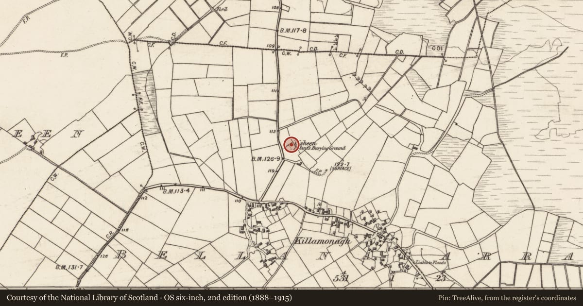 Ordnance Survey six-inch map, 2nd edition (1888–1915) covering the location of Children's burial ground, Bellanagarraun, County Galway, with a pin at the register's coordinates