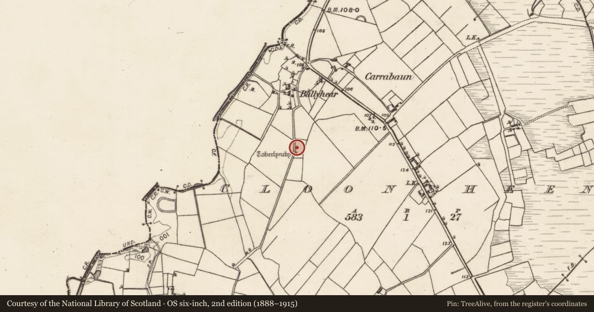 Ordnance Survey six-inch map, 2nd edition (1888–1915) covering the location of Ritual site - holy well, Cloonsheen, County Galway, with a pin at the register's coordinates