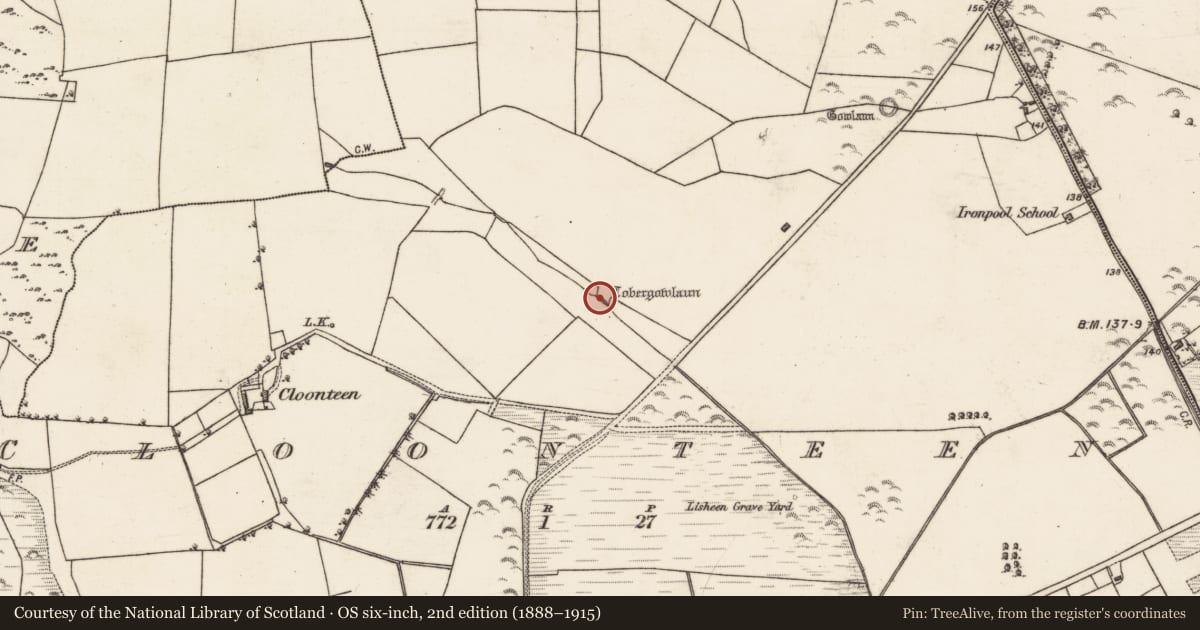 Ordnance Survey six-inch map, 2nd edition (1888–1915) covering the location of Well, Cloonteen, County Galway, with a pin at the register's coordinates